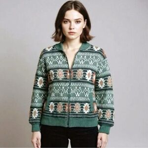 Rare Vintage Original Ashes Green Aztec Quilted Full Zip Boho Bomber Jacket